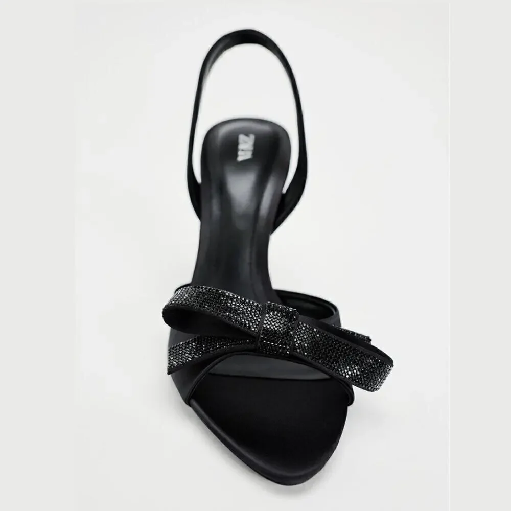 ZARA Embellished Slingback Bow Heels NWT — Size 8 Black Satin - Picture 8 of 16